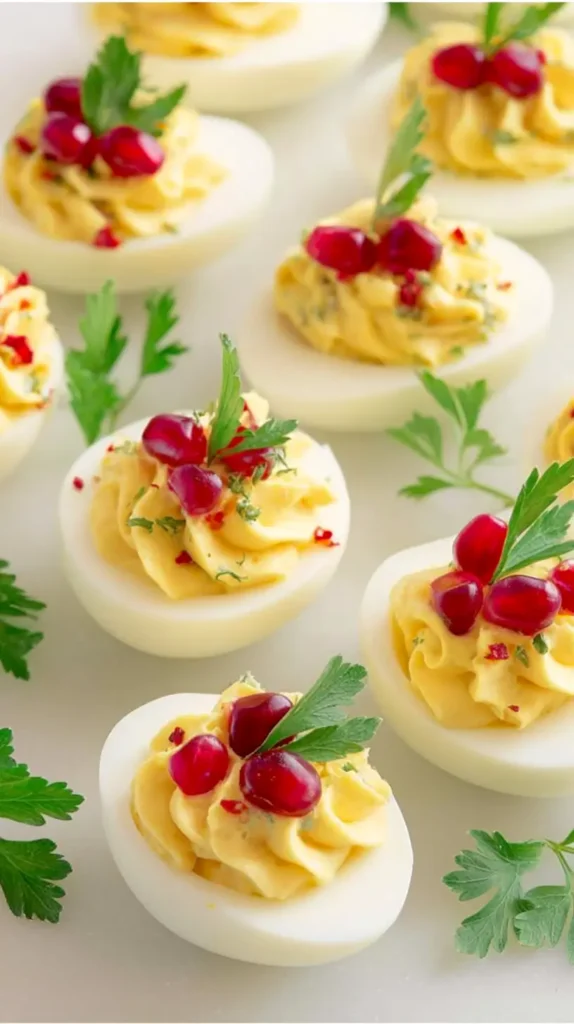 Close-up top-down photo of elegant Christmas deviled eggs on a white plate. Smooth white egg halves filled with creamy piped yolk. Topped with bright red pomegranate seeds arranged like berries and fresh parsley leaves like holly. Clean, bright holiday styling. Natural lighting, soft shadows, crisp focus, minimal background.