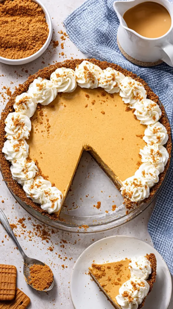 cookie butter pumpkin pie, whole pie with one slice missing