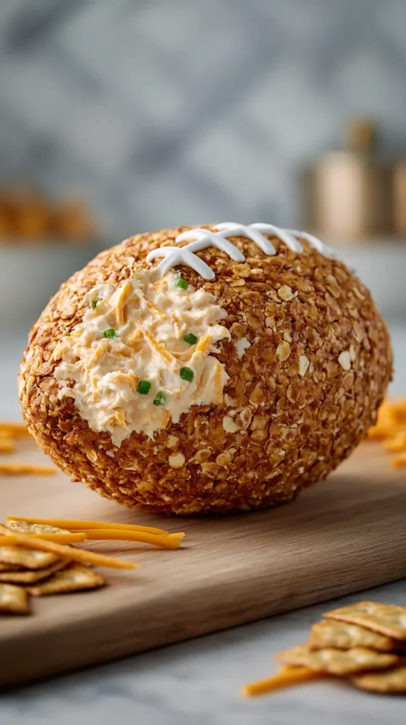 football shaped cheeseball, buffalo dip inside showing