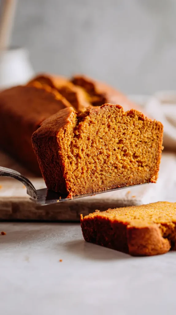 silver serving tool with a slice of pumpkin bread