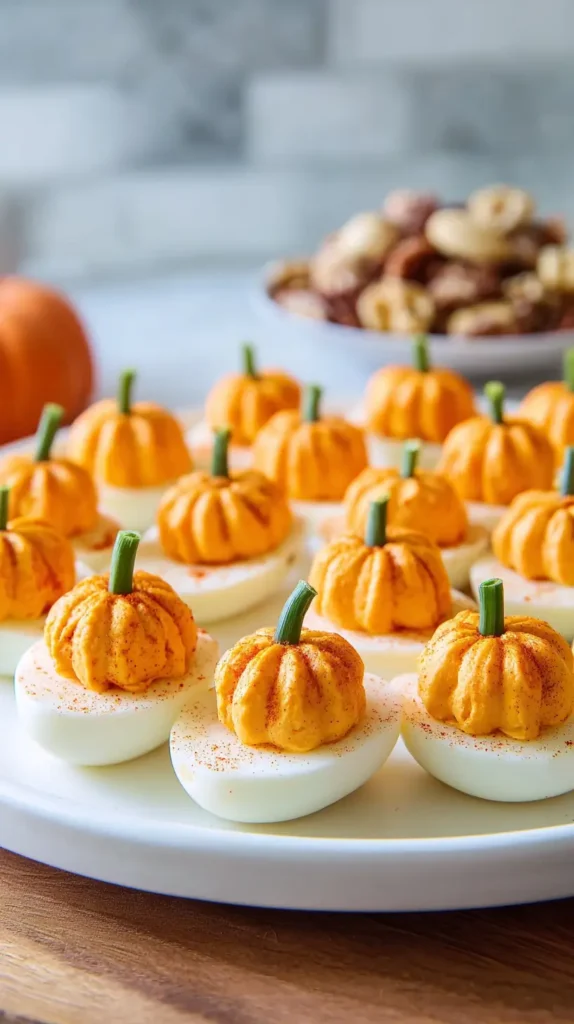 pumpkin deviled eggs with bowl of mixed nuts