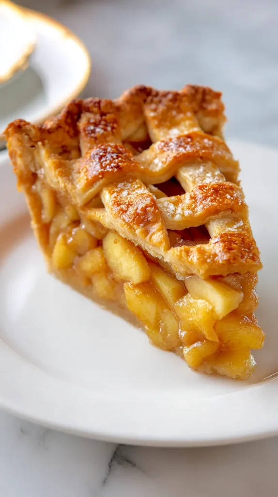 spiced apple pie thick slice on white plate