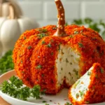 spicy pumpkin-shaped cheeseball sliced open