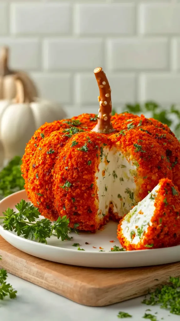 spicy pumpkin-shaped cheeseball sliced open
