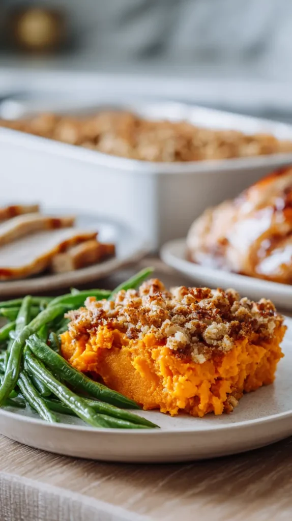 sweet potato casserole with green beans and turkey slices