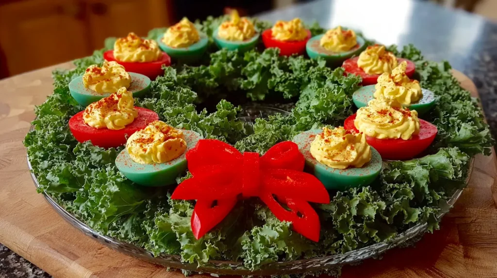 Top-down photo of a large circular holiday appetizer platter designed like a Christmas wreath. Dense curly green lettuce forms a thick circular wreath base. A ring of deviled eggs sits on top of the lettuce, arranged neatly around the circle with no gaps. The deviled eggs alternate: half have bright red dyed egg whites, the other half have bright green dyed egg whites. All eggs are filled with creamy pale yellow piped yolk. A small bow made from sliced red bell pepper sits at the bottom center of the wreath. The center of the wreath is empty and flat. Sharp detail, clean focus, bright natural light, kitchen counter background, realistic food photography, high resolution, no blur, no abstraction.
