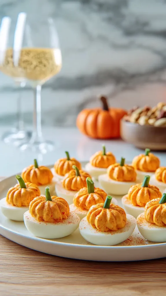 pumpkin deviled eggs with glass of apple cider