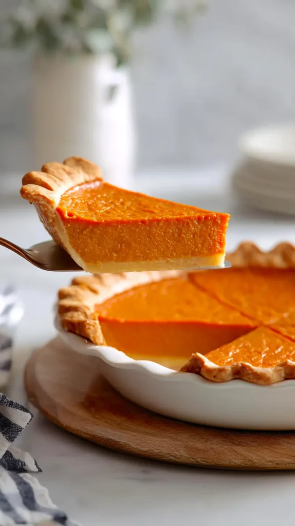 sweet potato pie, slice being lifted on a silver server