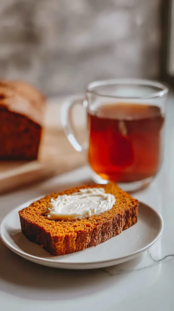 pumpkin bread with butter, and a glass of apple cider to the side