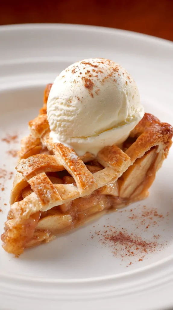 slice of spiced apple pie with scoop of vanilla ice cream