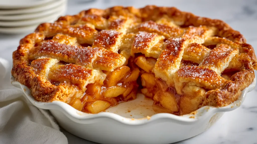 spiced apple pie with one slice missing from pie pan