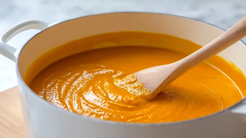 mixing pumpkin soup pot with a wooden spoon