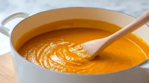 mixing pumpkin soup pot with a wooden spoon