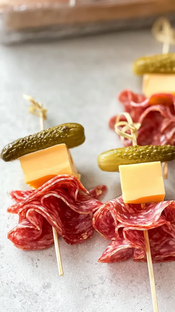 small pickle, cheese, salami on skewer