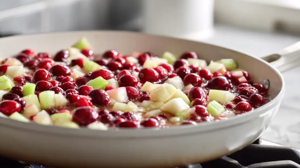 ingredients cooking in a pan, fruits, celery