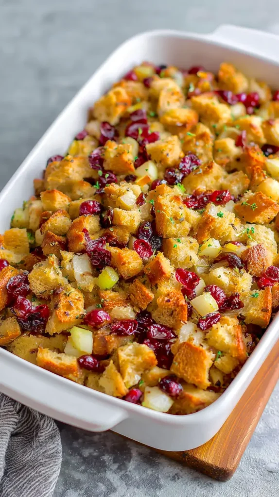 cranberry apple stuffing in a white pan