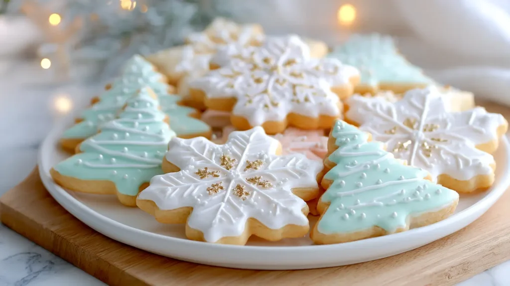 iced sugar cookies, icing, snowflakes, trees, pastels
