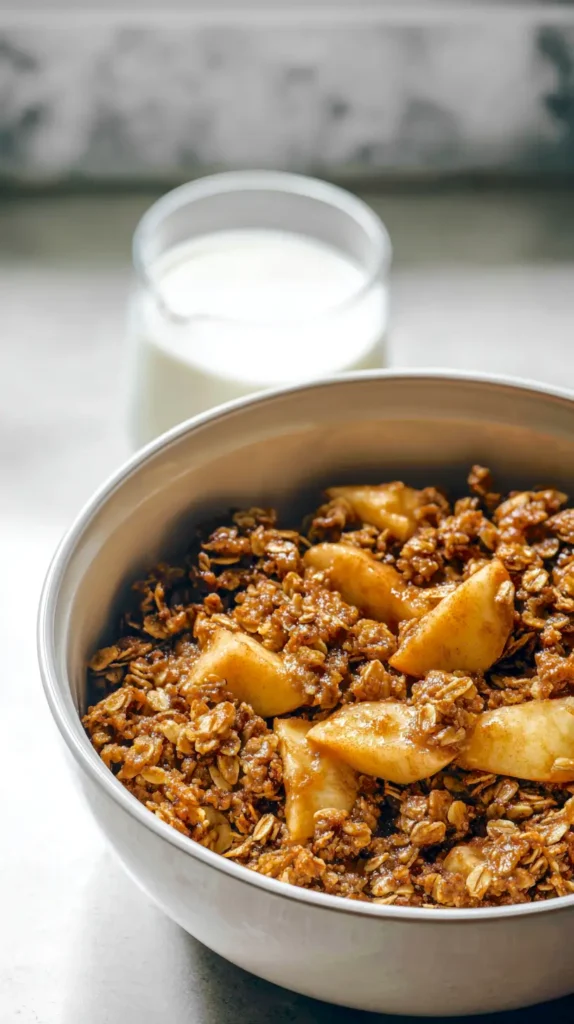 gingerbread apple crumble with a glass of milkl