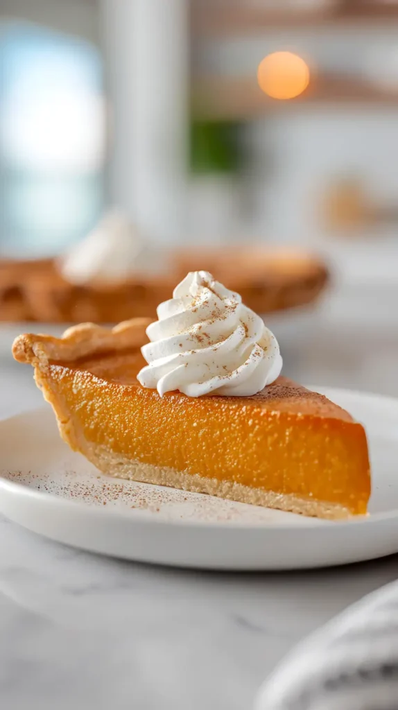 pumpkin pie slice with whipped cream on top