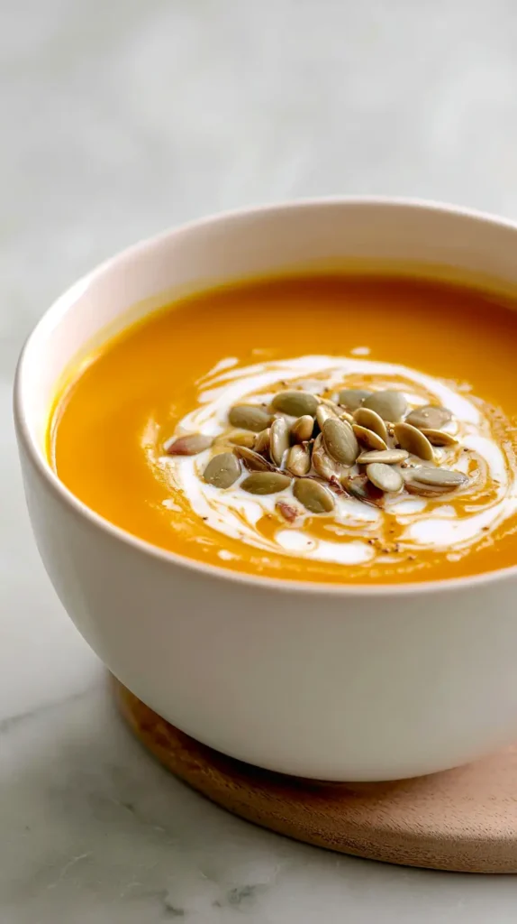 pumpkin soup topped with pumpkin seeds