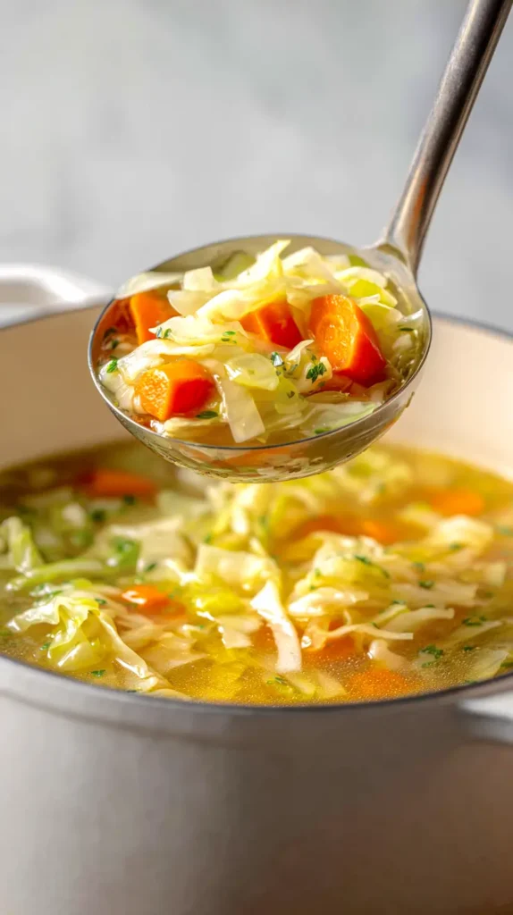 cabbage soup in a pot, ladle lifting a scoop