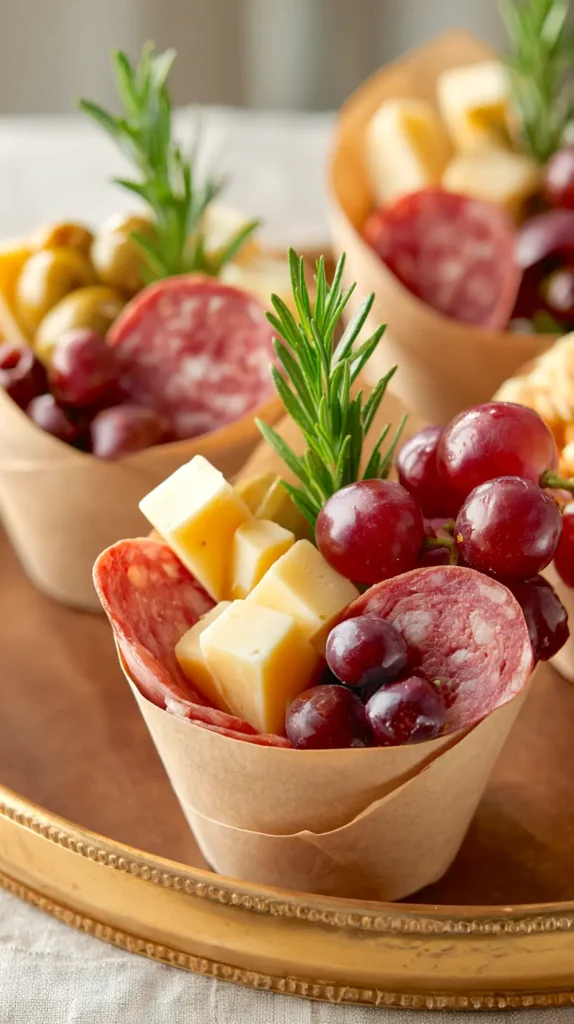 charcuterie cups on a gold tray full of meats, grapes, and cheese