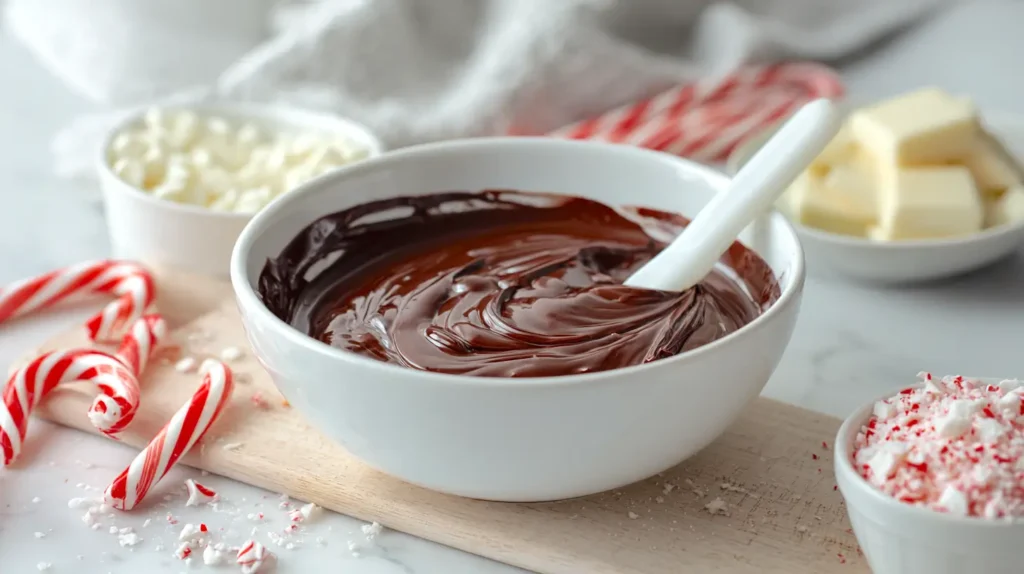 mixing chocolate in a bowl with candy canes nearby