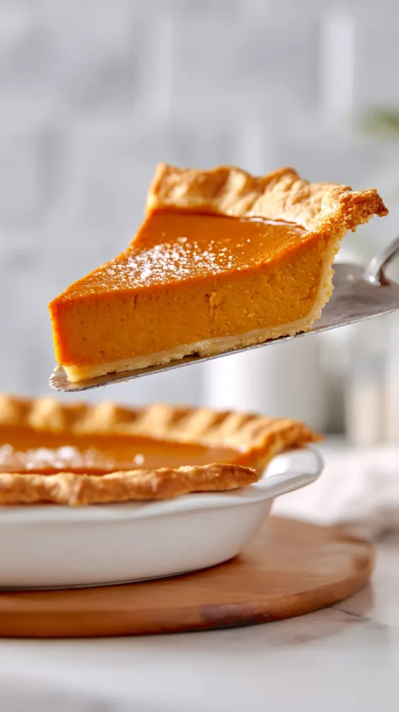 pumpkin pie slice being lifted from a full pie