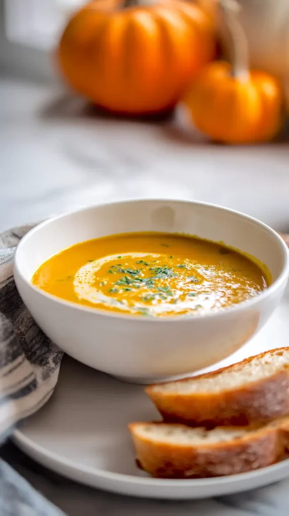 pumpkin soup with bread on the side, pumpkins in the background