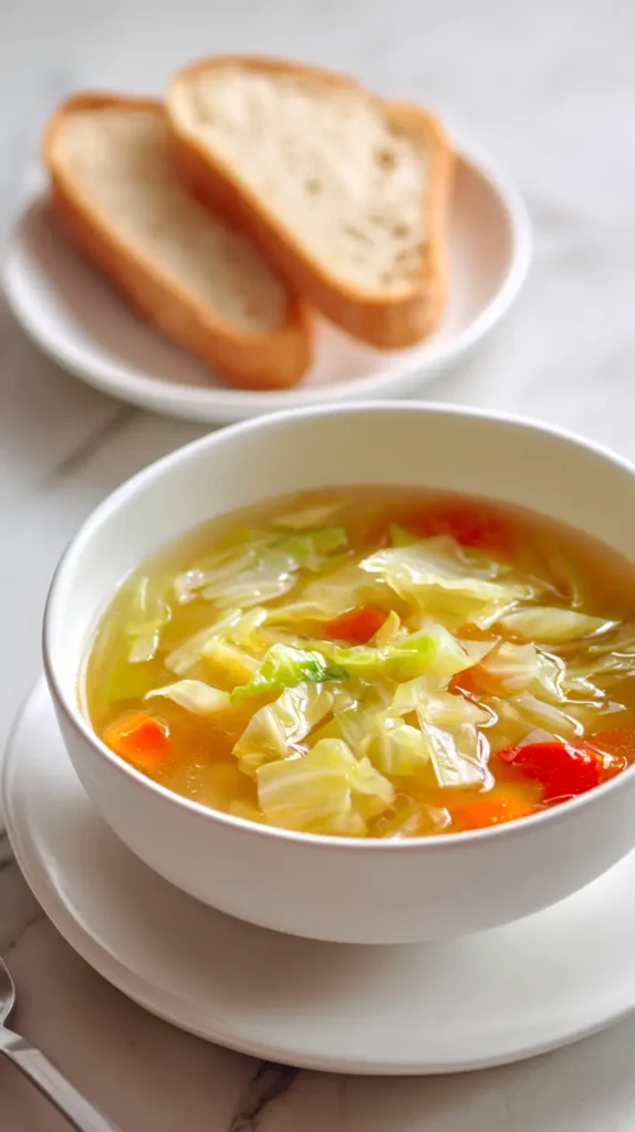 cabbage soup, bread slices on a plate to the side of the bowl