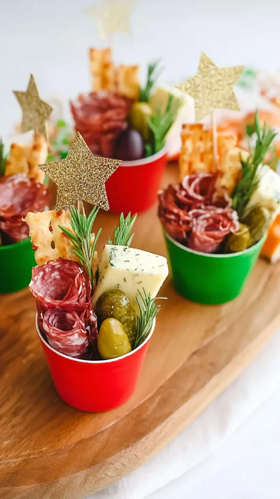 Christmas charcuterie cups, red and green cups of finger food