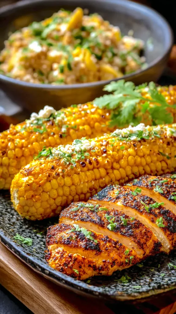 Mexican street corn with side of a chicken breast