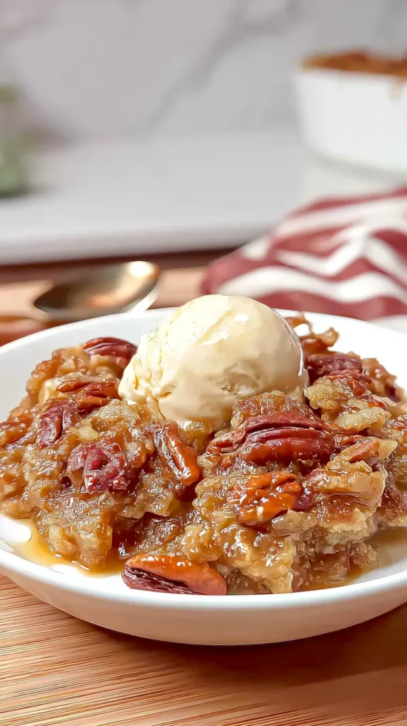 pecan pie cobbler with scoop of vanilla ice cream