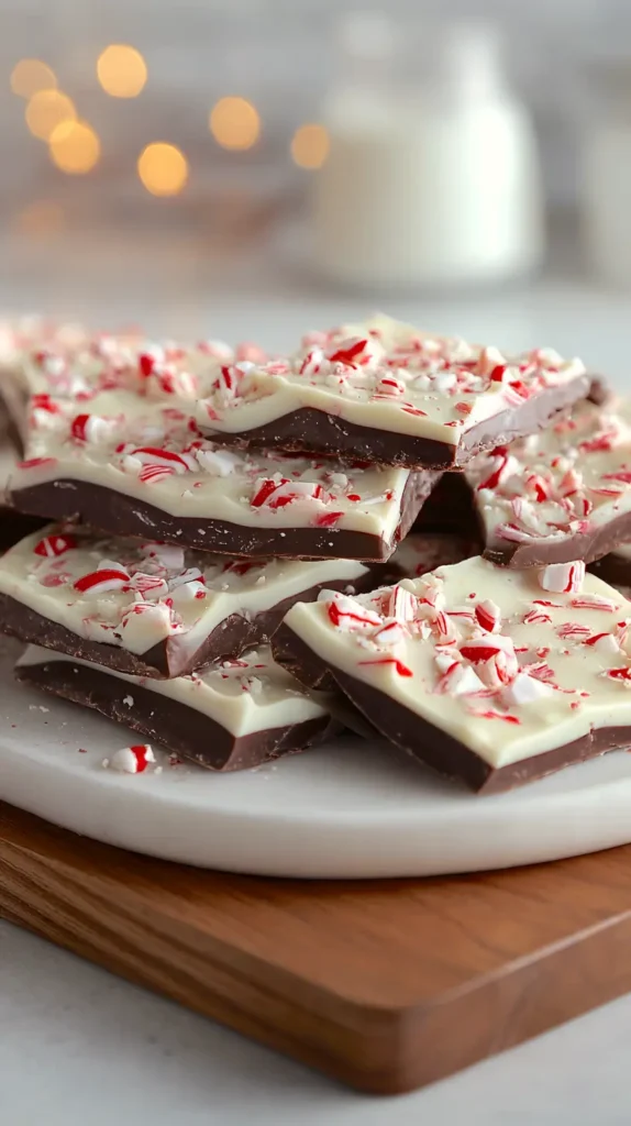 peppermint bark piled on a white plate