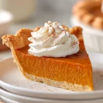 pumpkin pie slice on a white plate, whipped cream, cinnamon