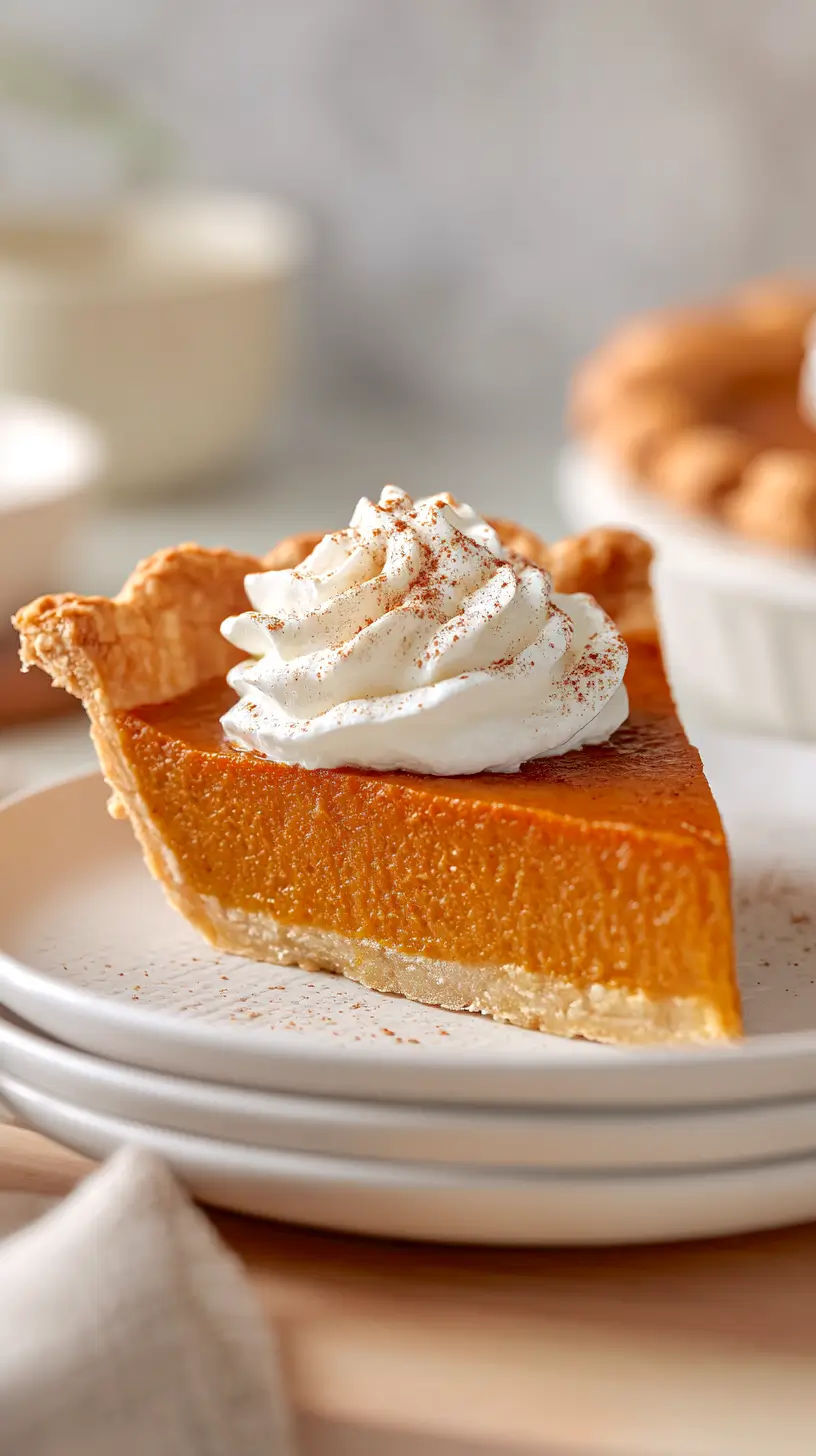 pumpkin pie slice on a white plate, whipped cream, cinnamon