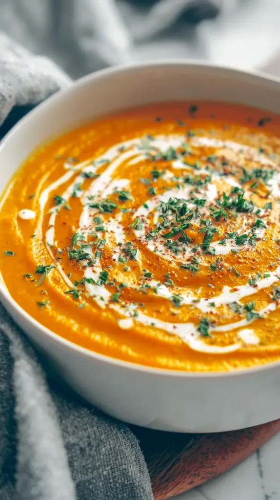 pumpkin soup with sour cream swirl and parsley
