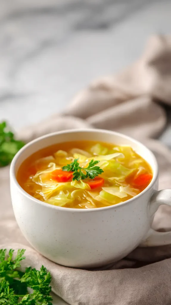 cabbage soup serving in a white mug