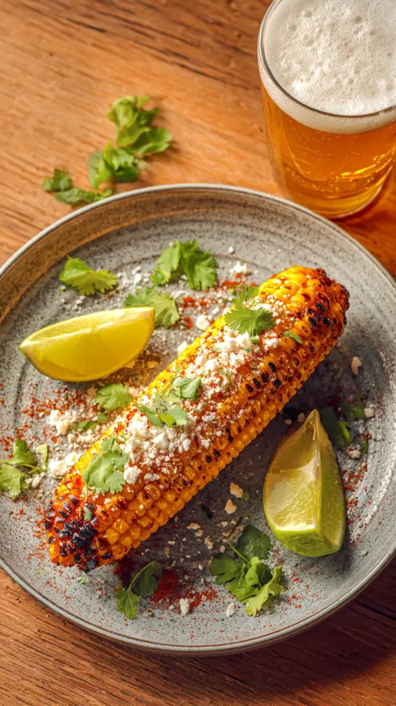 hyper-realistic photo of, Crisp, bright studio white lighting, minimal shadows, no dark images, photographed on a solid light wooden kitchen counter with a light gray marble backsplash blurred in the background alternate serving presentation with the kernels sliced off the cob and placed in a shallow white bowl mixed lightly with creamy off-white sauce fine white cotija sprinkled across the top deep green cilantro added for color and a lime wedge placed to the side textures stay defined bright yellow kernels visible and glossy eye-level realistic and true-to-scale 