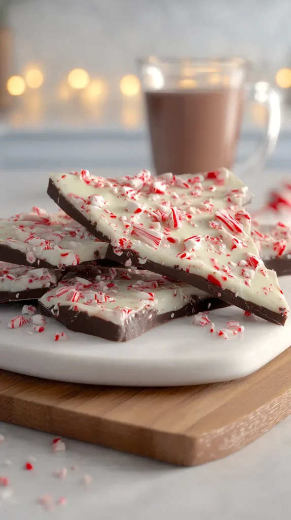 peppermint bark next to a clear mug of hot cocoa
