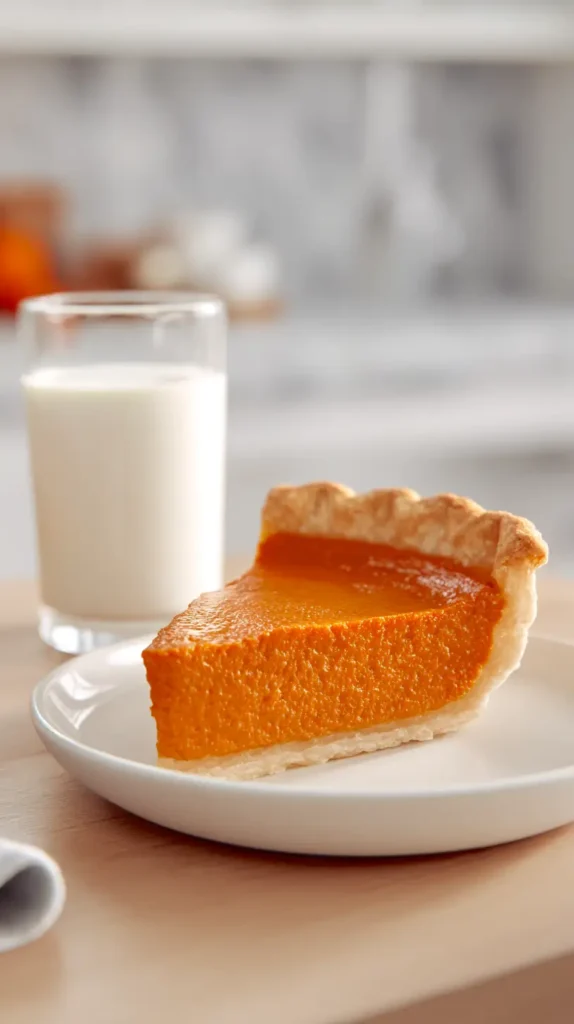 pumpkin pie slice with a glass of milk to the side
