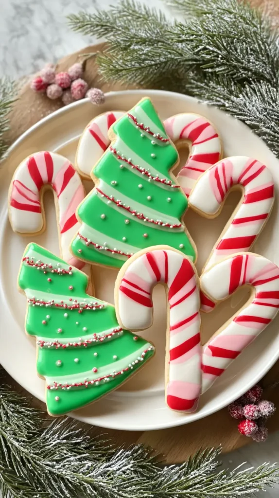 Christmas tree and candy cane iced sugar cookies