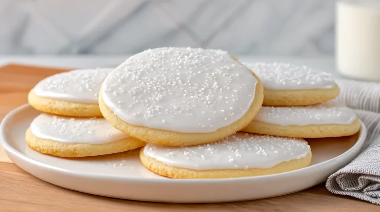 sugar cookie recipe, iced with white icing and white sprinkles