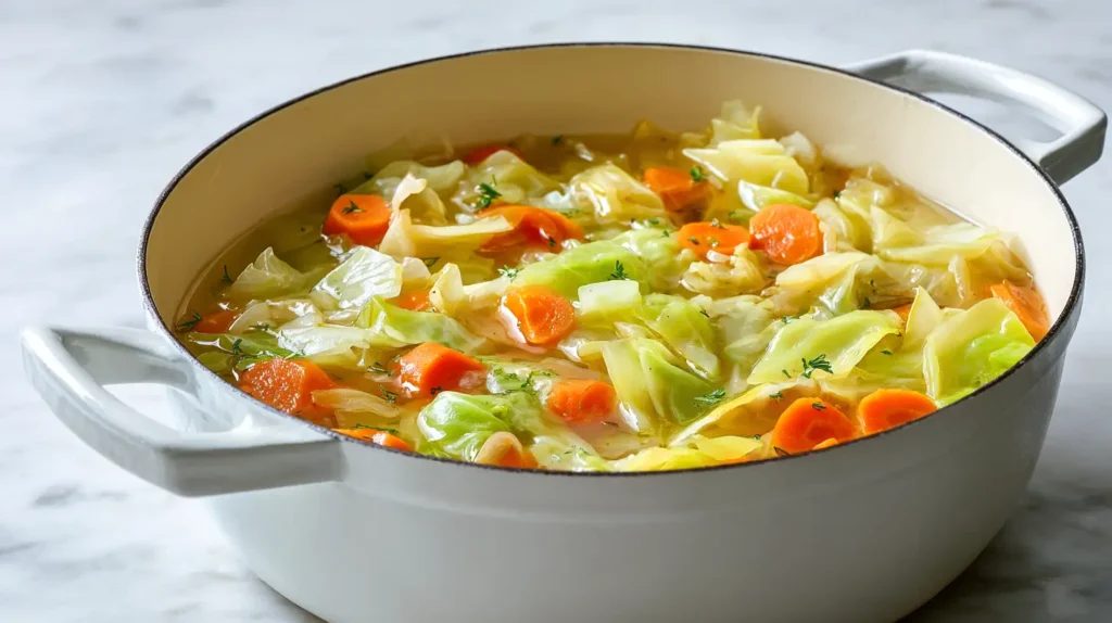 cabbage soup in a pot on the kitchen counter