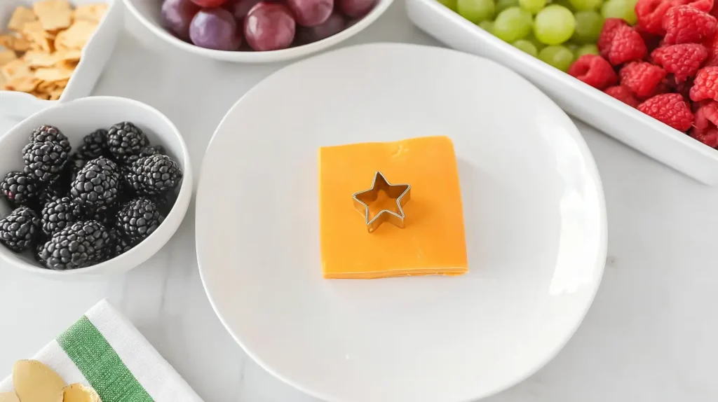 Close-up holiday charcuterie prep scene, square slice of cheddar on a white plate, small metal star cookie cutter pressed into cheese, bowls of grapes and blackberries nearby, colorful ingredients softly blurred in background, bright white surface, clean food styling, festive but simple kitchen energy, high detail, natural bright lighting