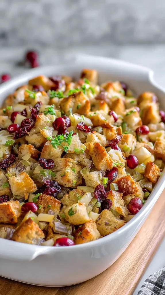 cranberry apple stuffing in a white serving dish