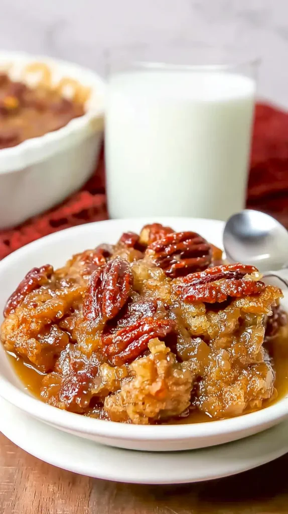 pecan pie cobbler, glass of milk on the side