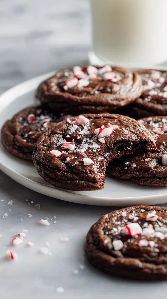 dark chocolate peppermint cookies, bite missing, glass of milk on the side