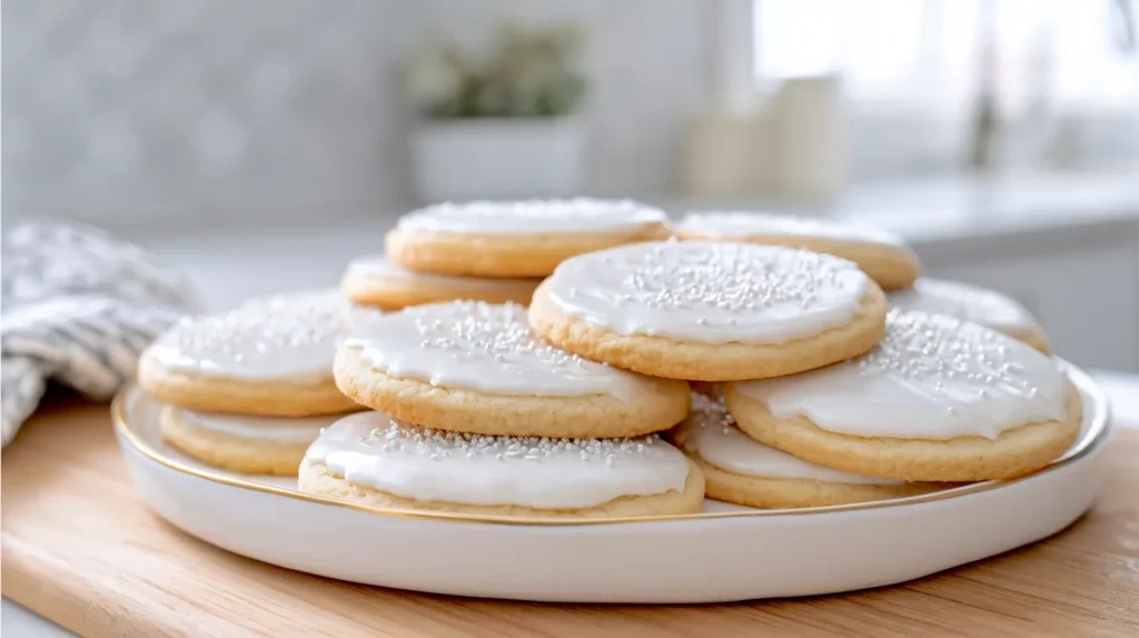 iced sugar cookies on a large white circular plate
