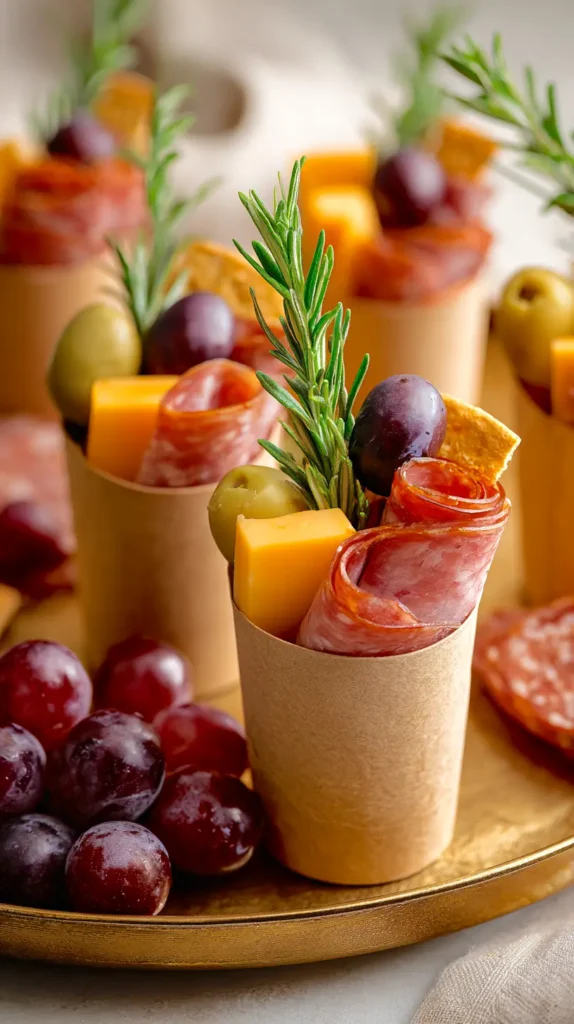 charcuterie cups on a gold tray